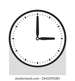 Ícone de relógio analógico em linha preta apontado às 3 horas, ilustração vetorial isolado no fundo branco, eps