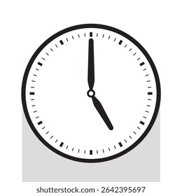 Analog Clock Icon in Black Line pointed at 5 o'clock, vector illustration isolated on white background, eps