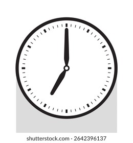Analog Clock Icon in Black Line pointed at 7 o'clock, vector illustration isolated on white background, eps
