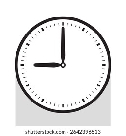 Analog Clock Icon in Black Line pointed at 9 o'clock, vector illustration isolated on white background, eps