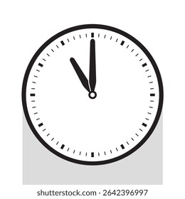 Analog Clock Icon in Black Line pointed at 11 o'clock, vector illustration isolated on white background, eps