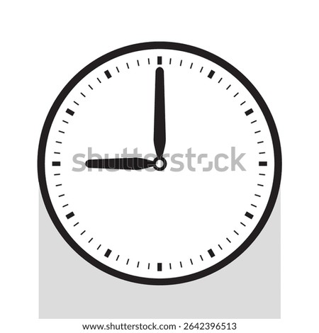 Analog Clock Icon in Black Line pointed at 9 o'clock, vector illustration isolated on white background, eps