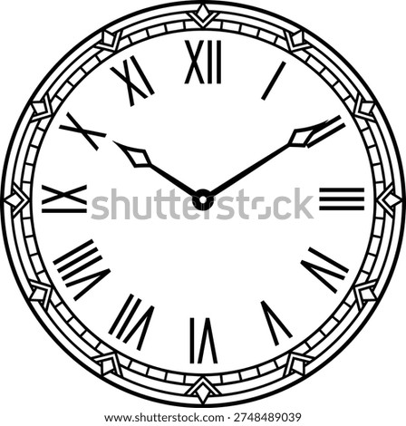 Analog clock icon, Roman numerals, ornate border, black silhouette style, time symbol, classical design, vintage, hour minute hands