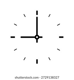 Ícone de relógio analógico mostrando nove horas, símbolo de relógio circular preto e branco sem borda externa, relógio de parede de arte de linha simples para conceitos de cronograma e gerenciamento de tempo
