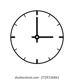 Ícone de relógio analógico mostrando três horas, símbolo de contorno circular preto e branco, relógio de parede de arte de linha simples para conceitos de cronograma e gerenciamento de tempo