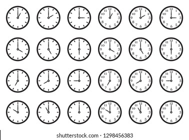 Analog Clock Icons. Black Flat Design. Vector Illustration. 