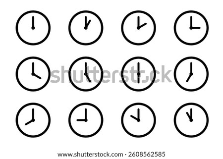 Analog Clock Icons for Every Hour – Simple Monochrome Set