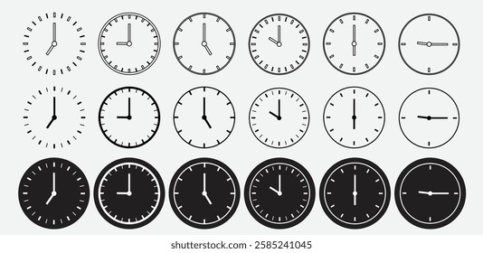 Analog Clock Icons Set Collection with Different Time Designs for Websites, Mobile Apps, and User Interfaces