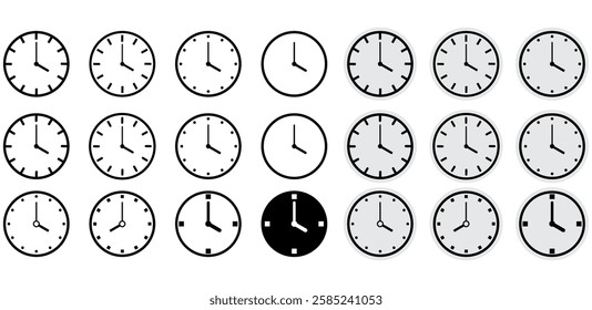 Analog Clock Icons Set with Various Time Displays for UI, Apps, Websites, and Print Designs in Minimalist and Flat Styles