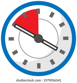 Analog clock isolated on white background. Symbol of time management, chronometer with hour and minute arrows. Clock with red area, time remaining until end of period. Countdown to deadline concept