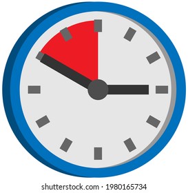 Analog clock isolated on white background. Symbol of time management, chronometer with hour and minute arrows. Clock with red area, time remaining until end of period. Countdown to deadline concept