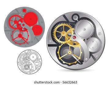 Analog clock mechanism. Realistic, plain and outline vector image.