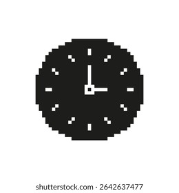 Analog Clock Pixel Art Icon. Time Management, Scheduling, And Punctuality Symbol. Retro Style Timepiece Illustration. Isolated Vector Illustration.