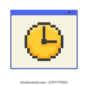 Analog clock pixel art popup window UI overlay. Time tracking. Schedule system timing. Productivity widget. Timer control. Blocky interface element in retro 8bit style. Bitmap-inspired UX design