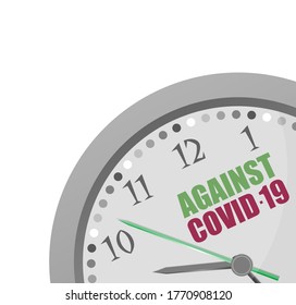 Reloj analógico con texto Contra Covid-19 fondo blanco aislado. Novela Corona-Virus 2019-nCoV . Ilustración vectorial