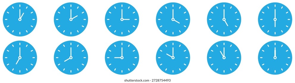 Conjunto de ícones de tempo de relógio analógico mostrando todas as horas, layout horizontal, isolado no fundo branco	