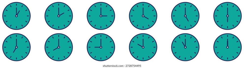 Conjunto de ícones de tempo de relógio analógico mostrando todas as horas, layout horizontal, isolado no fundo branco	