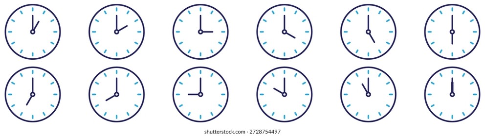 Conjunto de ícones de tempo de relógio analógico mostrando todas as horas, layout horizontal, isolado no fundo branco	
