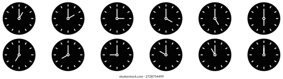 Conjunto de ícones de tempo de relógio analógico mostrando todas as horas, layout horizontal, isolado no fundo branco	