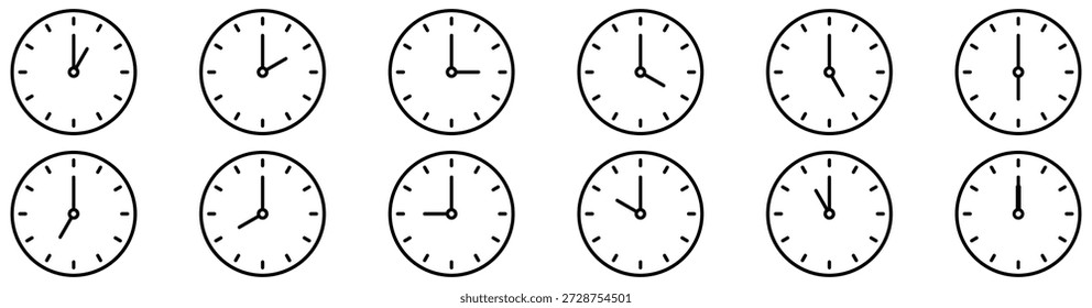 Conjunto de ícones de tempo de relógio analógico mostrando todas as horas, layout horizontal, isolado no fundo branco	