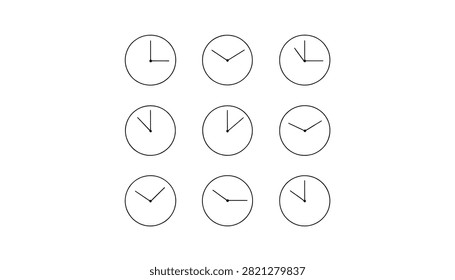 Analog Clock Time Outline Icons Collection, Different Clock Positions