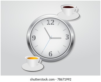 Analog clock with two mugs of coffee and tea