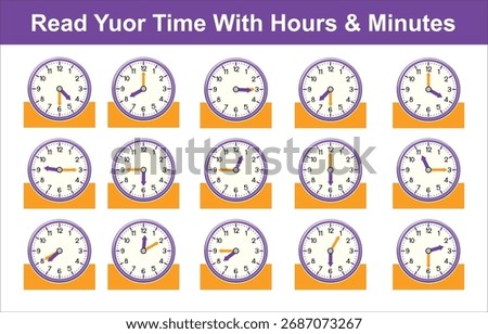 Analog clock vector for kids showing different times with hour and minute hands. Perfect for teaching time-telling skills in schools, worksheets, and classroom posters.