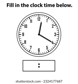 Analog clock. What is the time, write the Learning clock, and math worksheet. Telling the Time Practice for Children Worksheets. Learning analog on the clock. Educational activity.