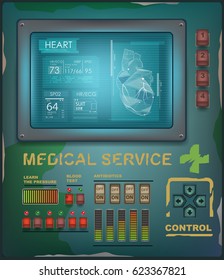 Analog controls elements. Retro UI for medical app. Vector Illustration. Heart analysis, cardiovascular system disease check