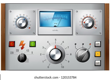 Analog controls interface elements set, vector, including VU meter, push buttons and switches.