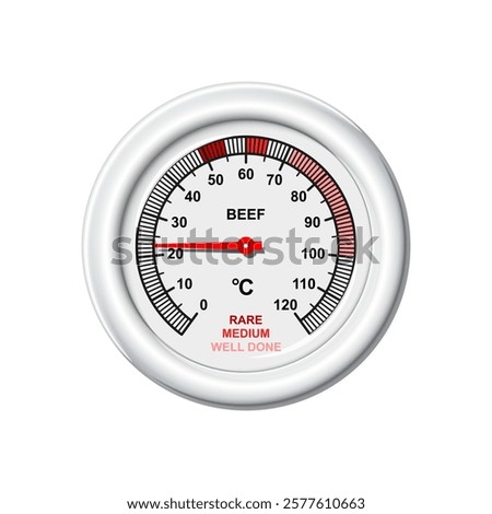 Analog cooking meat thermometer isolated on white for beef steak with roasting levels rare, medium, well done, showing temperature range and meat doneness for culinary precision and food preparation.