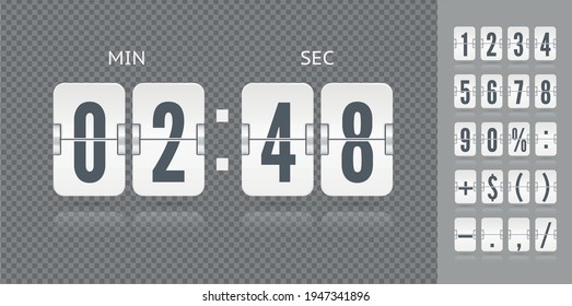 Analog countdown number font. Flip numbers and symbols font for White information web page or time counter. Vintage floating symbols for time meter vector template.