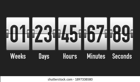 Analog counter, mechanical airport display countdown showing weeks, days, hours, minutes and seconds. Light variant. Vector illustration, 3D realistic style.