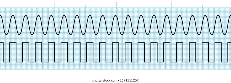 Analog and digital circuit DAC on blue ecg paper. Discretization of signal in time and quantization in level. Vector illustration