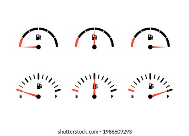 Analog And Digital Fuel Tank Fullness Indicator Set. Automotive Dashboard Gauge Dial Showing Fuel Consumption, Car Gas, Diesel, Petroleum Volume Pointer Device Vector Illustration Isolated On White