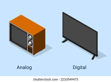 Analog and digital television. Old and modern TV. 3D isometric set illustration. Editable vector for poster, presentation, infographic, website, apps, and other uses.