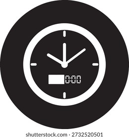Analog digital timer icon in black and white circle isolated on white background, illustration