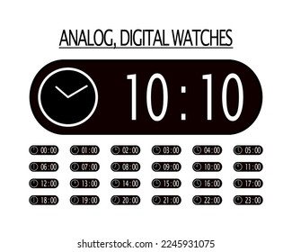 Relojes analógicos, digitales, vectoriales, negros