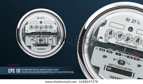 Analog electric meter isolated. Older Analog Dial\
Meter for 200 Amp electrical service. Voltmeter round shape with a\
clear plastic cover. Meter clearly showing the kilowatt-hours of\
consumed energy.