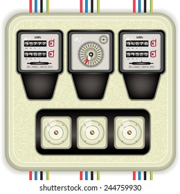 Analog electric meters with timer and fuses, detailed vector illustration