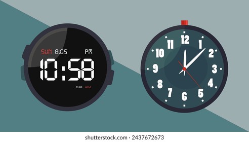 Analog and electronic watch. Simple flat design. Icons of watches. Old and new digital watch