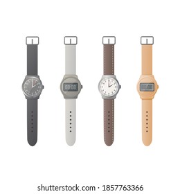 Analog and electronic wristwatch set. Flat vector illustration. Isolated on white background.
