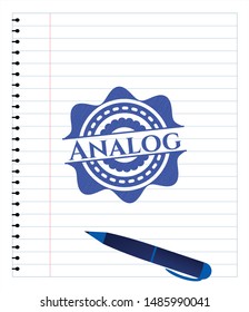 Analog emblem draw with pen effect. Blue ink. Vector Illustration. Detailed.
