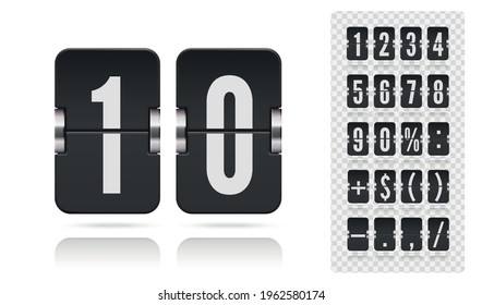 Analog flip airport board for countdown timer on white background. Retro design scoreboard clock template. Vector modern ui design for old time meter or calendar with numbers and symbols.