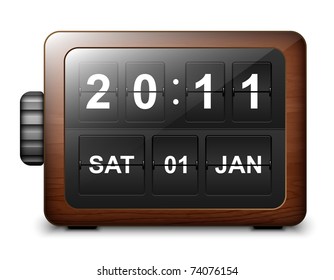 Analog flip clock in the wooden case, vector