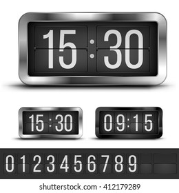 Analog flip clocks silver and blacks retro designs with numbers template, vector illustration