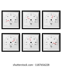 Analog frequency meter. Measuring equipment. Apparatus for measuring the frequency of alternating current. Vector illustration.