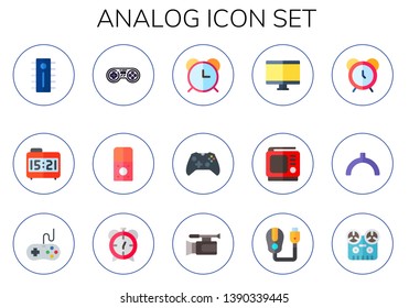 analog icon set. 15 flat analog icons.  Simple modern icons about  - controller, alarm clock, game controller, recorder, tv, noon