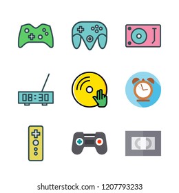 analog icon set. vector set about game controller, alarm clock, videotape and vinyl icons set.