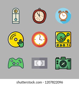 analog icon set. vector set about camera, videotape, clock and vinyl icons set.